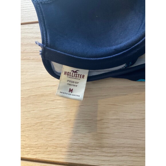 Hollister Women's Push-Up Bikini Top 34C Medium Navy Blue Logo Print Halter Swim - Picture 4 of 4